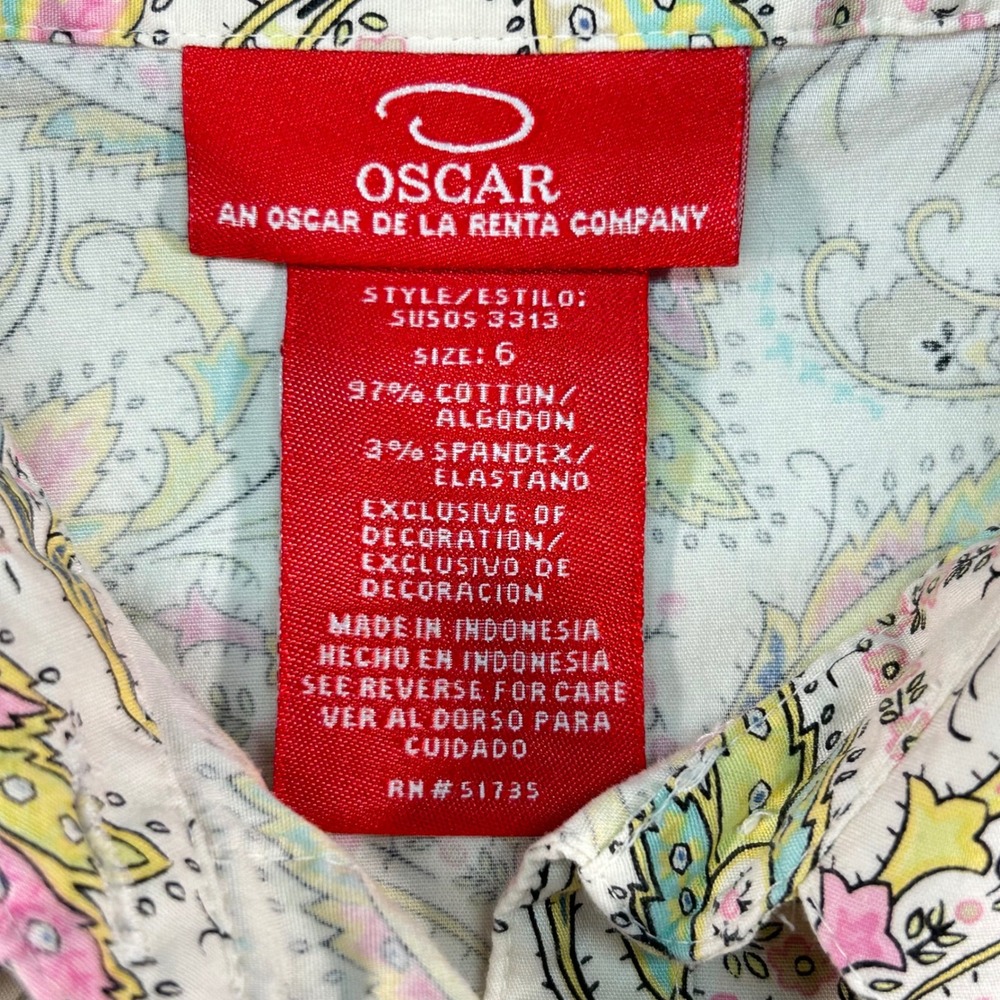 Oscar de la Renta Paisley Lace Trim Button Down Shirt Yellow Pink Womens 6 - Picture 2 of 7
